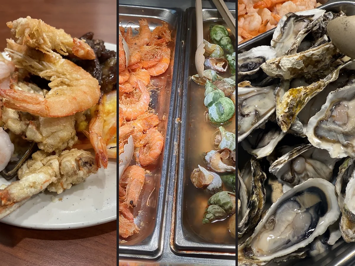 Buffet trays with assorted Chinese dishes.