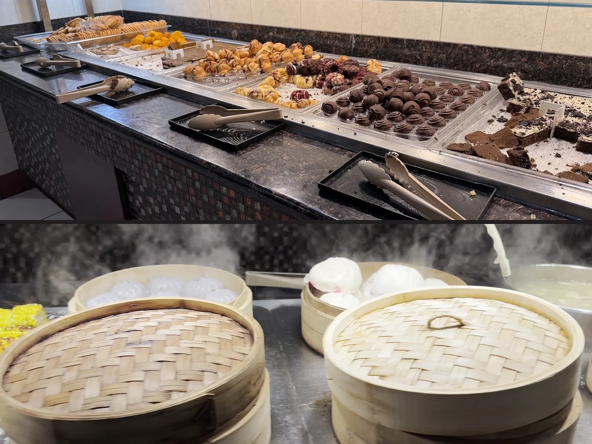 Sushi and hot dishes laid out for self-service.
