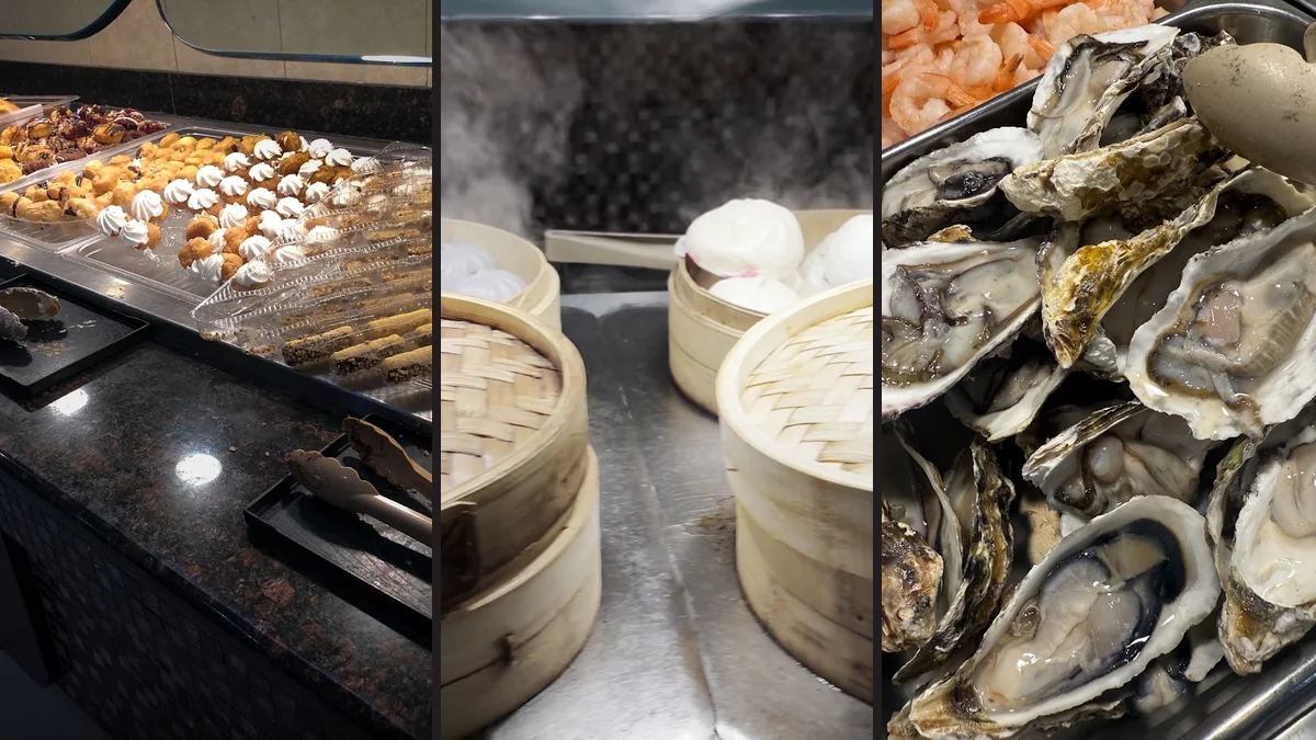 Sushi and hot dishes laid out for self-service.