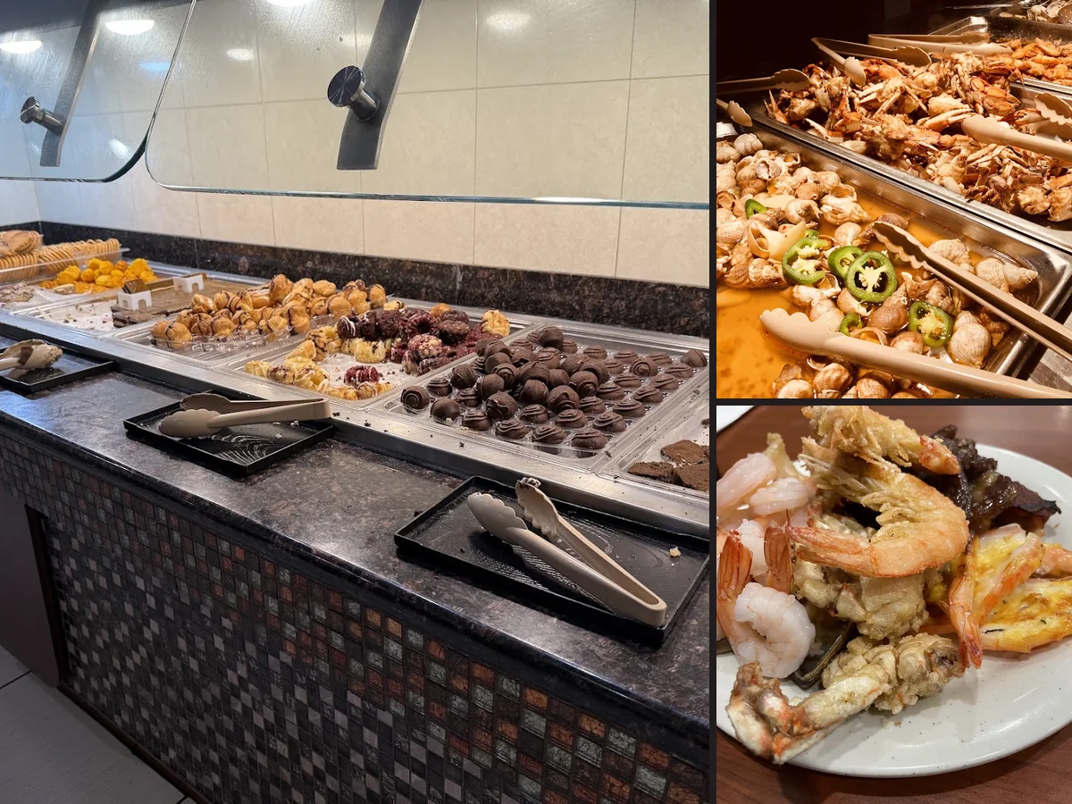 Buffet trays with assorted Chinese dishes.
