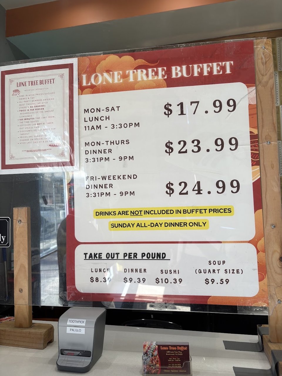 Menu board listing Chinese and Japanese dishes.